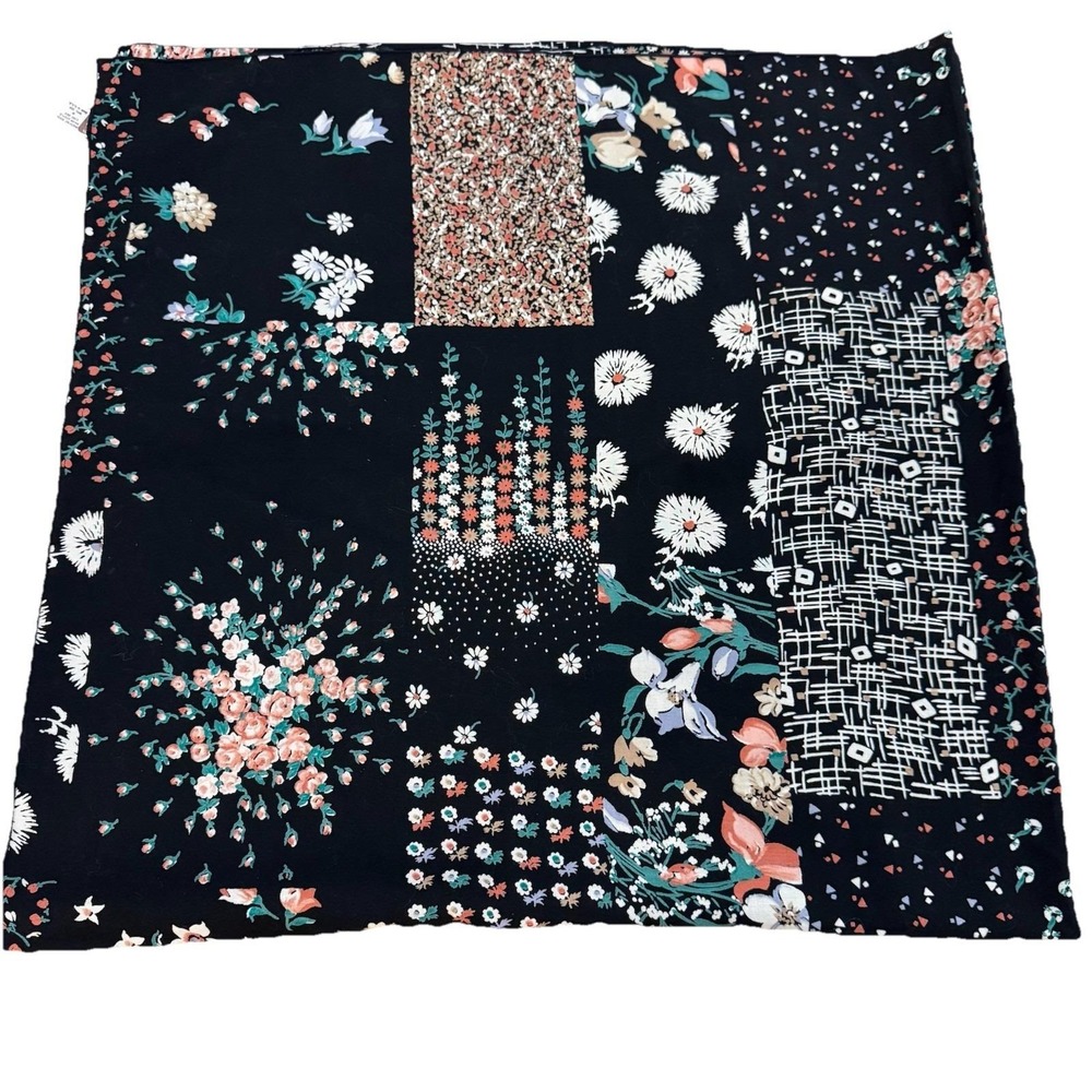 Rayon Challis Fabric Scarf USA 42"×41" Floral Patchwork Look Black Background‎